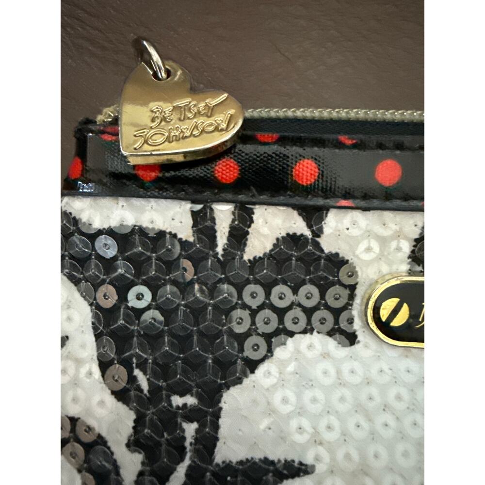 Betsey‎ Johnson Sequin Pouch — Black & White Damask Floral, Red Polka Dot Trim - Picture 2 of 4